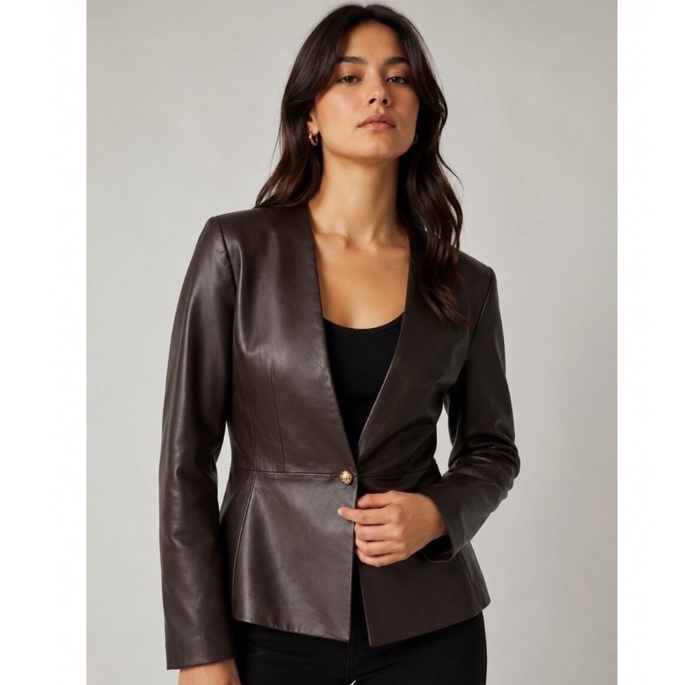Elie Tahari Women Brown Vegan Faux Leather Minimalist Luxury Jacket Size 10